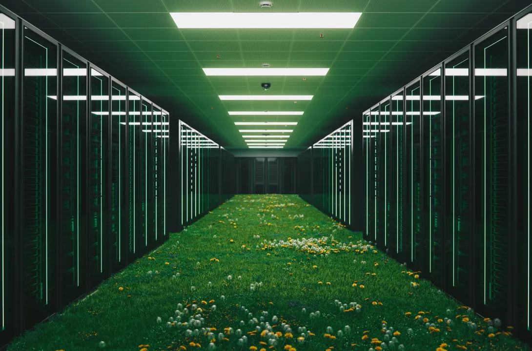 Image présentant un long couloir de serveurs avec de l'herbe verte